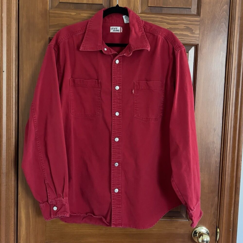 Vintage Levi's Jeans Red Denim Button Up Shirt Men's Large Red Tab